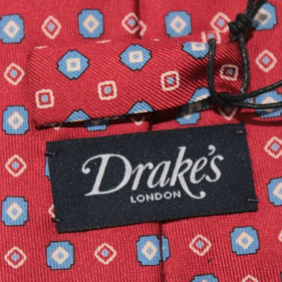 Drake's NWT Neck Tie in Red with Light Blue & White Geometric Pattern 100% Silk